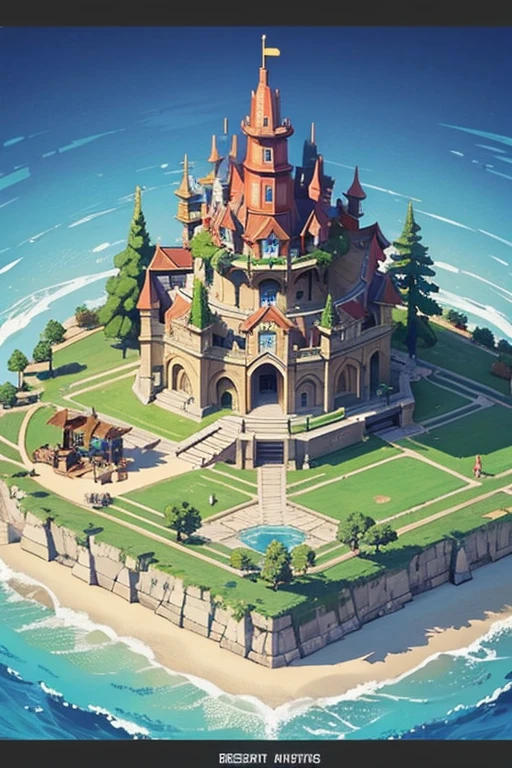 fantasy world, estilo isekai de anime, zona de comercio en la playa, estilo pixel art