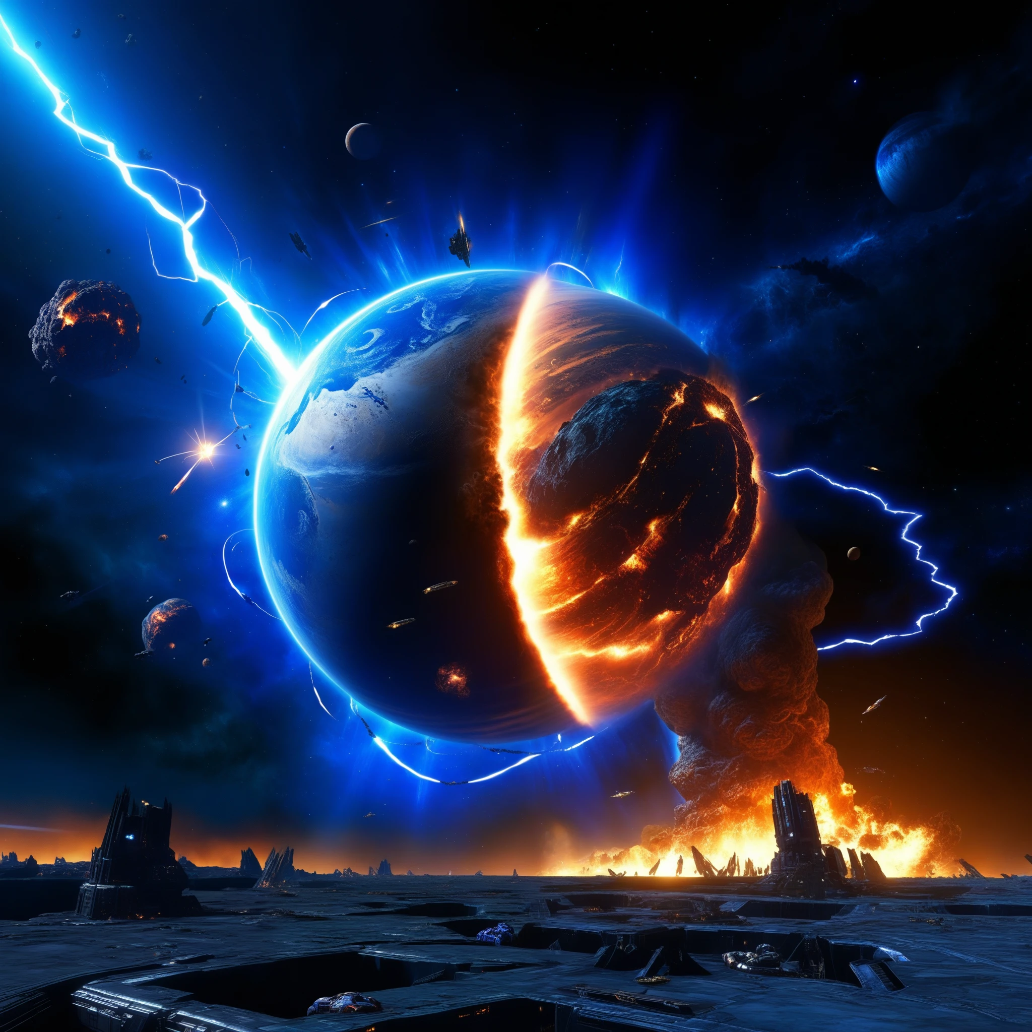 Tragedy of the world, dying worlds , destroyed atmosphere, junk in outer space, cataclysms : 2.0, Lightning fire tornado, dying stars, parallax, apocalypse, attack by a superior race consisting of blue shiny particles, they are formless something, worlds split one by one, destroyed moon, shockwave diverging rings in space,(strong rotation of everything), lots of details : 1.4, skill : 1.6, fantasy art : 1.7
