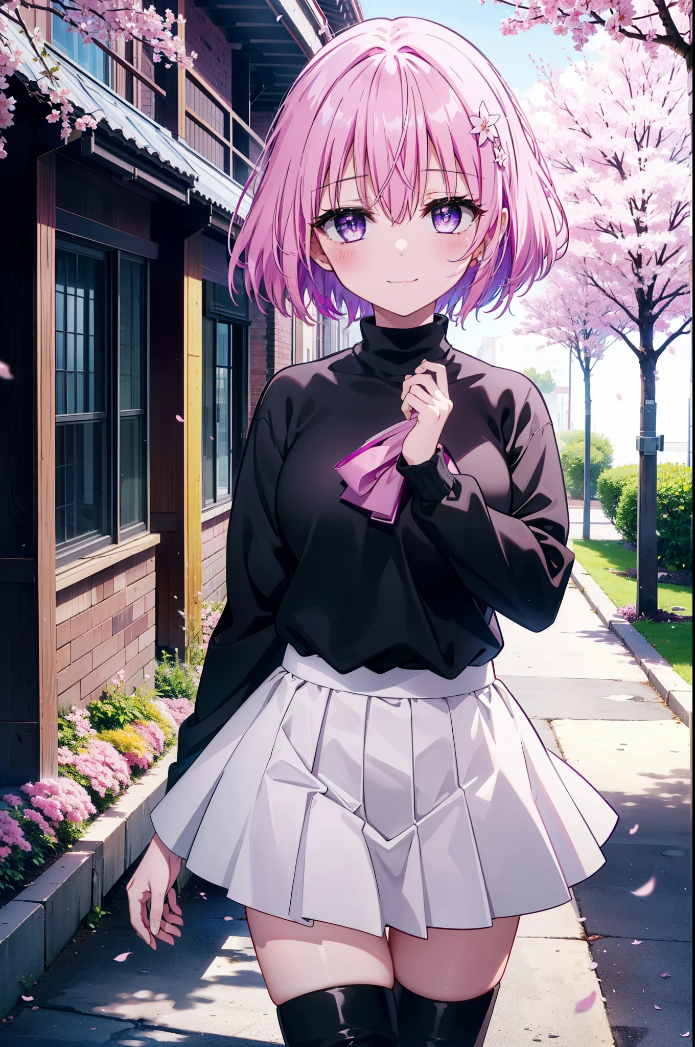 Momodebilke, Deviluke Type, demon tail, Hair Flowers, hair ornaments, (Purple eyes:1.1), Pink Hair, short hair, tail, happy smile, smile, Open your mouth,smile,blush,
break demon tail, Turtleneck sweater,Long skirt,short boots,Cherry blossoms are blooming,Cherry blossoms are scattered,桜並木道
break outdoors, School School building,
break looking at viewer, (Cowboy Shot:1.5),
break (masterpiece:1.2), highest quality, High resolution, unity 8k wallpaper, (figure:0.8), (beautiful detailed eyes:1.6), extremely detailed face, Perfect lighting, extremely detailed CG, (Perfect hands, Perfect Anatomy),