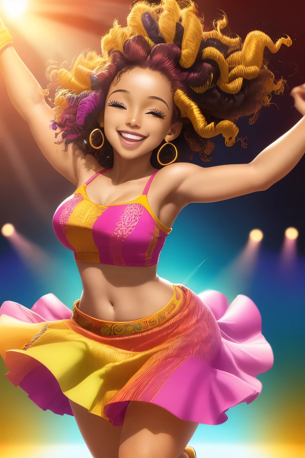 A radiant young woman, dressed in vibrant colors and her hair in loose curls, dances exuberantly to the lively rhythms of a reggae beat. Her smile is wide and sincere, her movements graceful and full of joy. The sun sets in the background, casting a warm glow on her uplifted face as she moves in harmony with the music, spreading happiness around her.