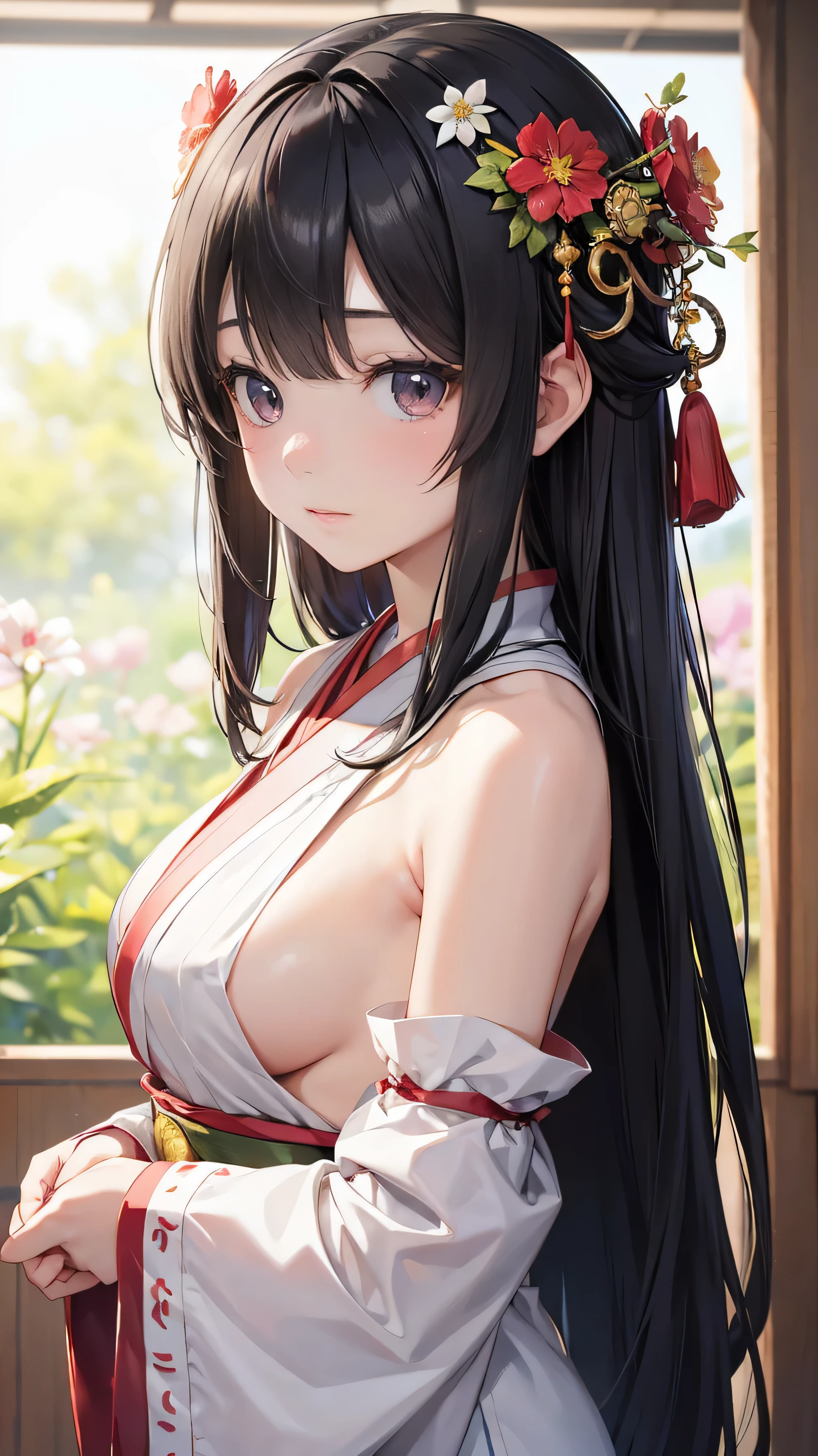 Normal of chest、masterpiece、8K wallpapers incorporating highly detailed CG、Two girls and two boys、()、Baby Face、beenuine、Blurred、Blurred_background、Blurred_prospect、branch、plum offlower、depth_of_Field、flower、gem、nose、Realistic、Pale black hair、alone、shrine maiden costume、Hide your fingers、Hide your arms、just wear a bra、whole body、Long Hair、Straight bangs、