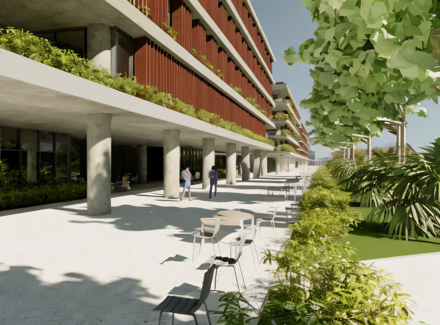 there are many tables and chairs in the courtyard of a building, green terrace, architectural rendering, architectural rendering, digital Rendering, high rendering, Rendering, vue render, low angle dimetric Rendering, digital rendering, detailed Rendering, architectural Rendering, renderizar coroa, Perspective view, architectural visualization, archiving, detail rendering, architectural visualization, professional rendering, art print