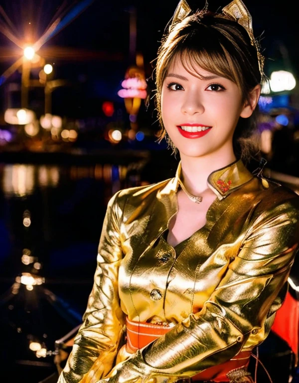 (8k, RAW Photos, highest quality, masterpiece: 1.2), (Realistic, photoRealistic: 1.4), cute, Japanese Girls, Delicate and beautiful face, Professional Lighting, Photon Mapping, Radio City, Physically Based Rendering, costume covering whole body, Shiny Costumes, Rubber, Gold tight suit, Beautiful woman with perfect figure: 1.4, sexy, Watch Viewer, CG wallpaper, Blurred night view background, Clear Background, Medium chest, Gold gloves, whole body, Golden long boots, Straddling the vehicle and leaning forward, A light smile Demon Slayer Kamado Nezuko