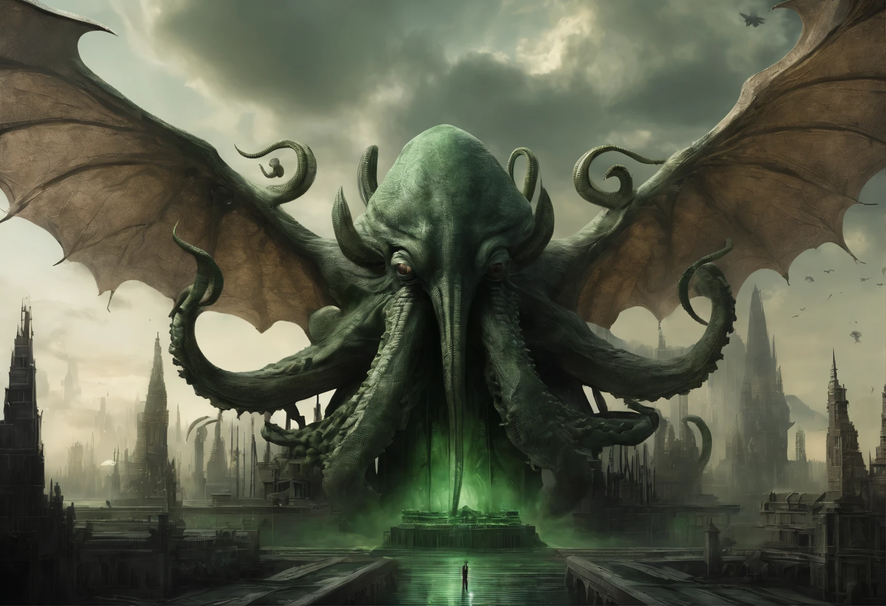 Obscure picture, devoid of beauty or hope, fear inducing, Cthulhu a monster of vaguely anthropoid outline, but with an octopus-like head whose face was a mass of feelers, a scaly, rubbery-looking body, prodigious claws on hind and fore feet, and long, narrow wings behind, emerging from R'lyeh's city of bizarre architecture is characterized by its non-Euclidean geometry, colossal structures, and shifts in perspective that can make an observer unsure about what is vertical and what is horizontal, black and greenish light, brutal composition, gloomy, intense dark tones, leaving an indelible and haunting impression on psyche, very intricate, in the style of Russ Mills and Milo Manara,