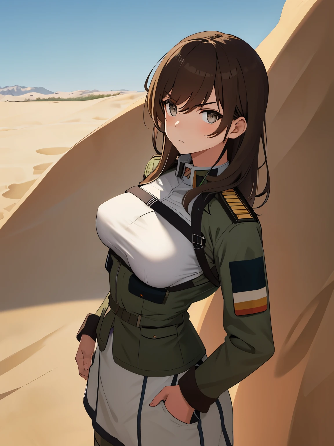 soldier girl, large breasts, no bra, nipples poking through uniform, sand colored uniform, serious face, desert setting, brown hair, grey eyes