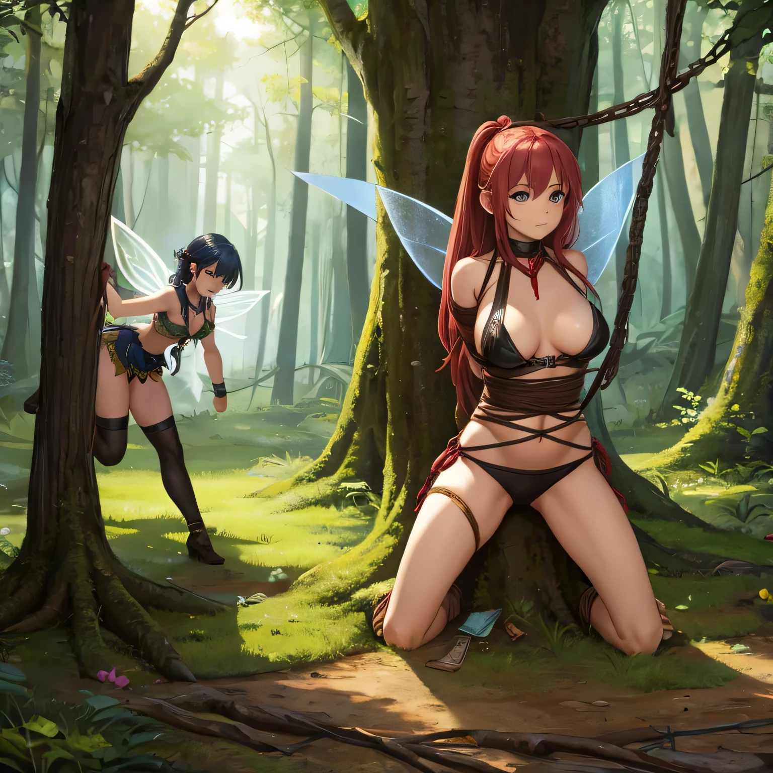  Make a picture where a fairy is getting tied up by a female thief in the woods,  bound