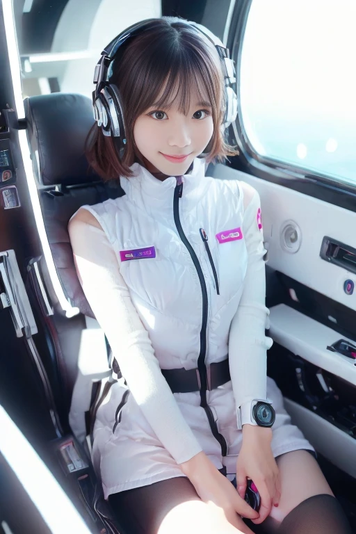 ((NSFW: 1.4)), (acrobatic pose):10,((Detailed face, Professional photography)), ((NSFW, zettai ryouiki, 1 girl)), Ultra-high resolution, (Realistic: 1.4), RAW Photos, highest quality, (PhotoRealistic Stick), concentrated, Soft Light, ((30 years old)), ((Japanese)), (( (Young Face))), (surface), (Depth of written boundary), masterpiece, (Realistic),(inside ISS):3, woman, ,astrovest:2,headphone:2,smartwatch,,bangs, ((1 girl)),(black sleeves):2,(black tights):2,inside spacestation,inside spacecraft,,zero gravity,smile,open leg,blush:1.5,hidden hands,neotech