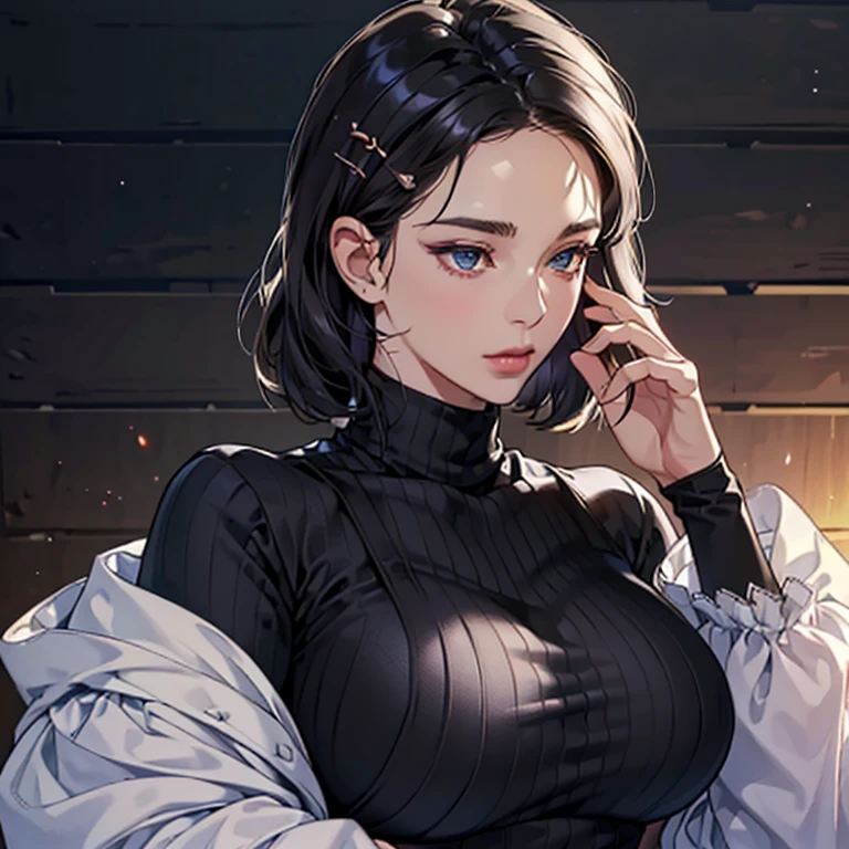 (High resolution)),((Game CG)),(masterpiece),(highest quality), (Very detailed),shape,((Very delicate and beautiful)), Fantasy, Very embarrassed look,Looking at the audience,(((50-year-old woman)),((whole body)),Detailed face and eyes,Jewel-like eyes,(Short Bob),,,(Super huge breasts,Long and slightly saggy breasts,Untidy body) Hairpin Black long sleeve turtleneck