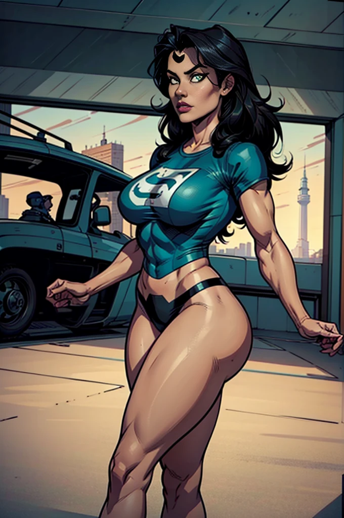 girl, black hair, long hair, dark green eyes, comic book style, t-shirt, perfect legs, wide shot, 16k, 8k, 4K, HD, 1080P, highres, best quality, high quality, high details, super detail, anatomically correct, masterpiece