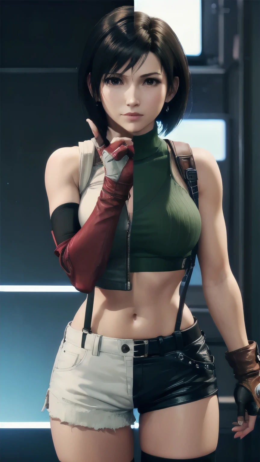 {{{SplitScreen, split screen, Close-up, BREAK tifa lockhart, long hair, bangs, black hair, (brown eyes:1.3),
skirt, shirt, thighhighs, gloves, navel, jewelry, pleated skirt, earrings, black gloves, elbow gloves, midriff, black thighhighs, fingerless gloves, black skirt, zettai ryouiki, crop top, suspenders, tank top, suspender skirt, white tank top,}}}
(Highly quality, highly resolutions, highly detailed, masterpiece), left tifa lockhart, right yuffie kisaragi, line between the middle, Split tifa lock body and yuffie kisaragi body in half,
((SplitScreen, split screen, Close-up, BREAK yuffie kisaragi, short hair, black hair, (brown eyes:1.3),
gloves, bare shoulders, shorts, sleeveless, 
Green midriff, fingerless gloves, armor, crop top, headband, turtleneck, white shorts, unzipped, open fly, sleeveless turtleneck,))