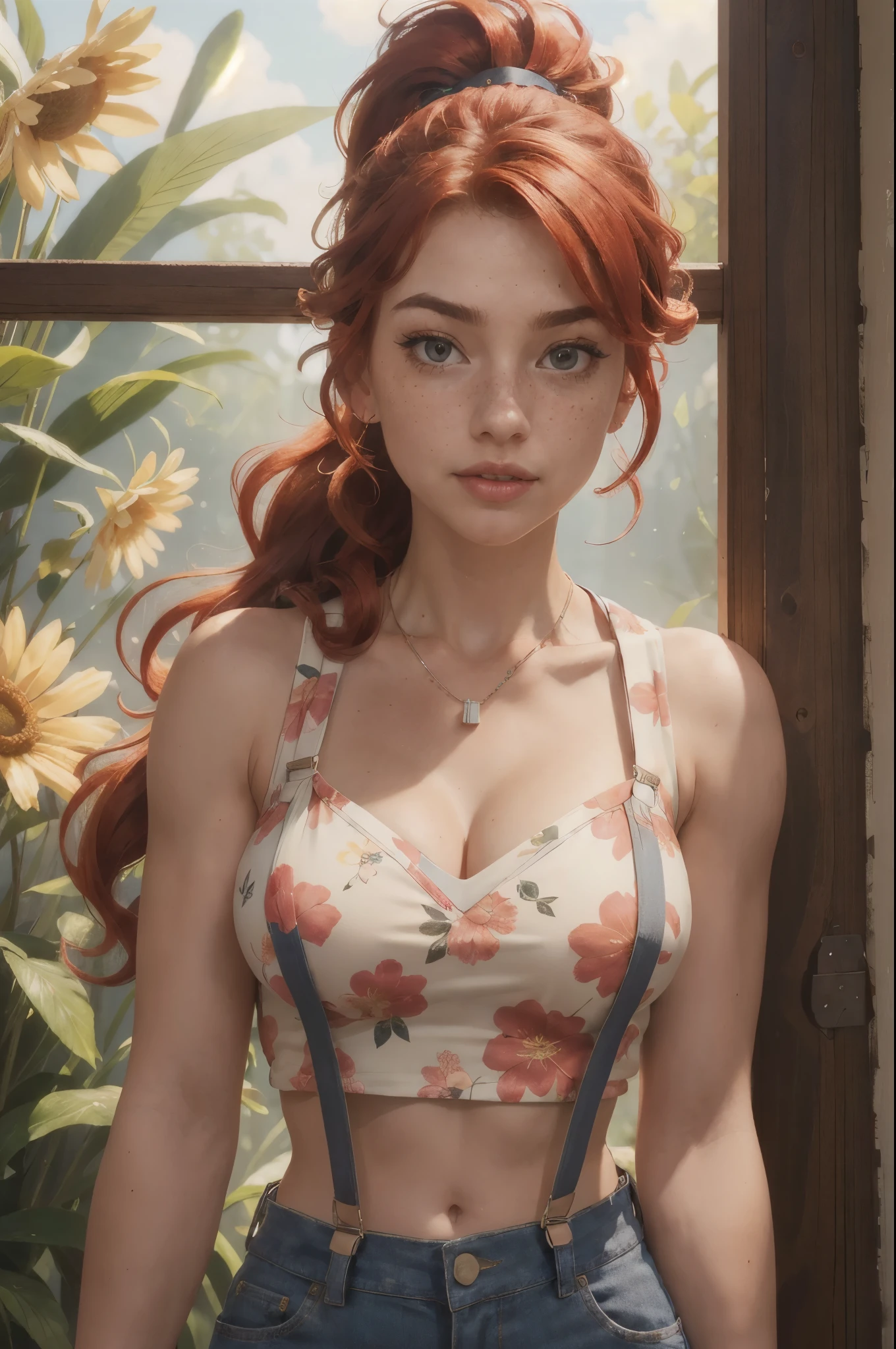 masterpiece, best quality, expressive eyes, perfect face, SunnyRay:1 cosplay attire to GobboslutV1, big eyes, looking at viewer, large breast, big breast, small waist, , Best Quality, Realistic, perfect figure, highly detailed, showing cleavage, dressed as merida from brave, Red curly hair, big hair, blue eyes, Green outfit, in the forest, bow and arrow, detailed dress, freckles on her face, cheek blush, big puffy hair, very curly hair