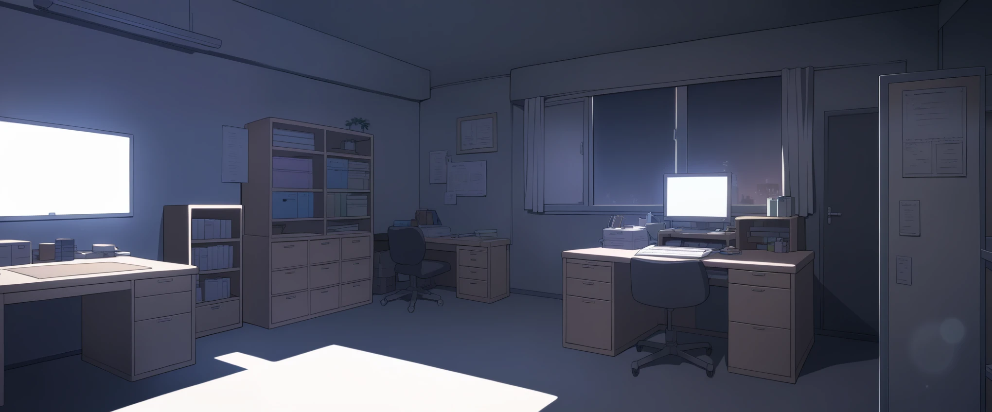 Dimly lit room with fluorescent light from a desk, light yagami's room, anime-style room, study, dark, night, gloomy, bare, cozy