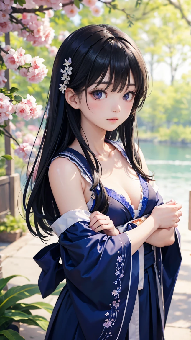 普通ofチェスト、masterpiece、8K wallpapers incorporating highly detailed CG、2人of女of子、s old、Baby Face、beautiful、Genuine、Blurred、Blurred_background、Blurred_prospect、branch、梅offlower、depth_of_Field、flower、gem、nose、Realistic、Black hair close to blue、alone、shrine maiden costume、Hide your fingers、Hide your arms、just wear a bra、whole body、Long Hair、Straight bangs、