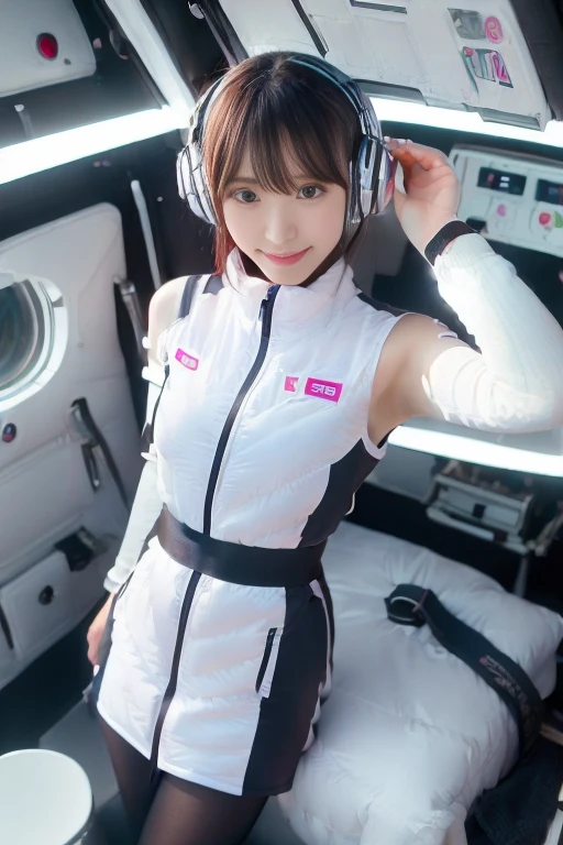 ((NSFW: 1.4)), (acrobatic pose):10,((Detailed face, Professional photography)), ((NSFW, zettai ryouiki, 1 girl)), Ultra-high resolution, (Realistic: 1.4), RAW Photos, highest quality, (PhotoRealistic Stick), concentrated, Soft Light, ((30 years old)), ((Japanese)), (( (Young Face))), (surface), (Depth of written boundary), masterpiece, (Realistic),(inside ISS):3, woman, ,astrovest:2,headphone:2,smartwatch,,bangs, ((1 girl)),(black sleeves):2,(black tights):2,inside spacestation,inside spacecraft,,zero gravity,smile,open leg,blush:1.5,hidden hands,neotech
