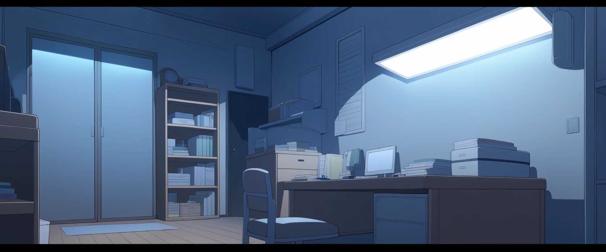 Dimly lit room with fluorescent light from a desk, light yagami's room, anime-style room, study, dark, night, gloomy, bare, cozy