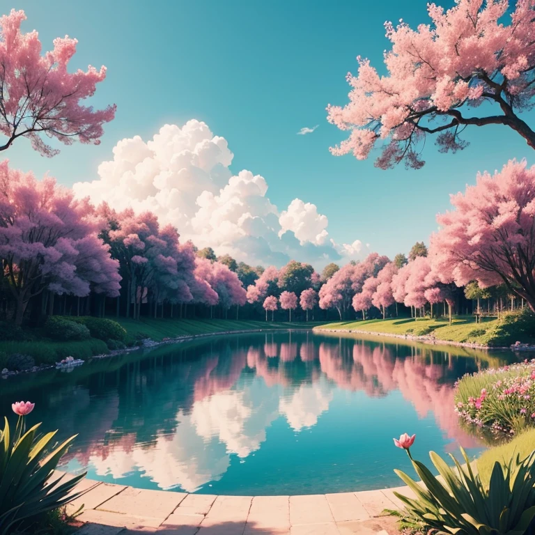 Cielo muy hermoso con flores rosadas y flores negras en un lago con agua turquesa