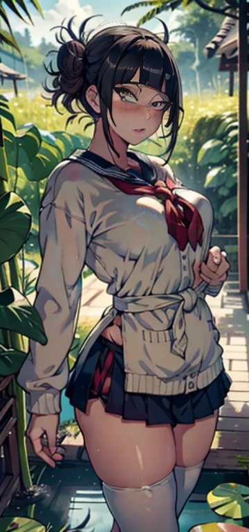 1female,45 yers old,Married Woman,熟妇,mature,plumw,extremely large bosom,Big breasts Thin waist,long leges, 独奏,(Background with:ln the forest,ponds,lotus flower,at winter season,The ground is frozen) She has long black hair,bobo head,,seen from the front, standing in forest, mostly cloudy sky,(((tmasterpiece),(Very detailed CG unity 8K wallpaper),best qualtiy,cinmatic lighting,detailed back ground,beatiful detailed eyes,Bright pupils,Black eyes,Snow-whiteskin,Redlip(Very fine and beautiful),(Beautiful and detailed eye description),ultra - detailed,tmasterpiece,))facing at camera,A high resolution,ultra - detailed),laughingly,revealing breasts,Bare genitalia, Bulge,legs are open,Raised sexy,Camel toes,Flushed complexion,Desire for dissatisfaction,frontage,(Wearing:校服,sailor uniformm,)tucking up the skirt、White panties visible、Panties dug into Strickman