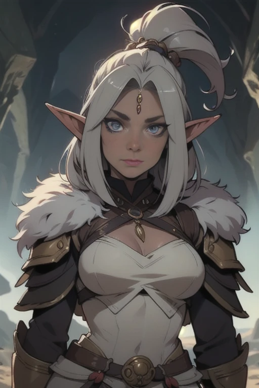 Ancient, Lost dark elf tribe, fur armor, rings, female creature, prehistoric era, leader, looking at viewer,