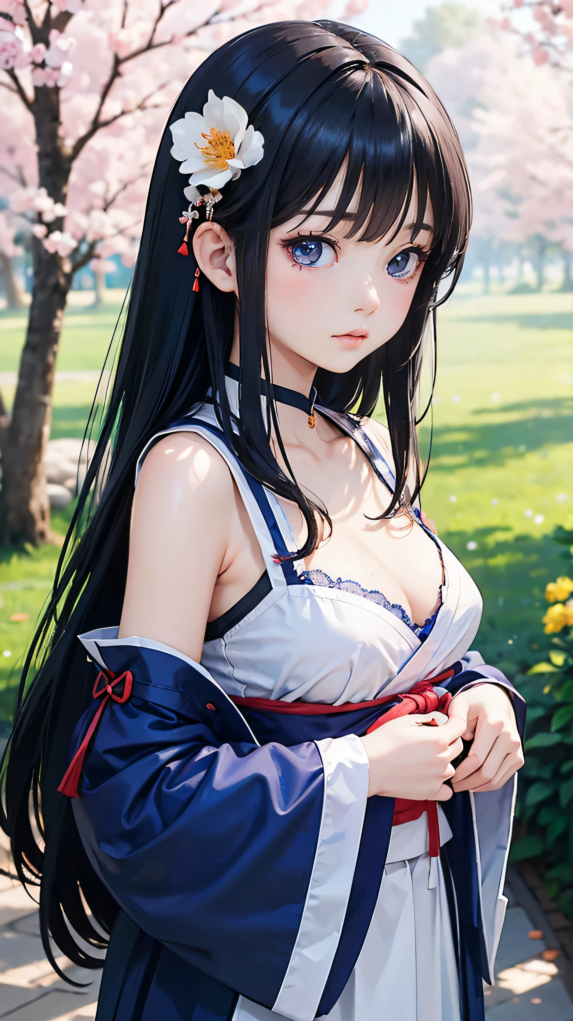 Normal of chest、masterpiece、8K wallpapers incorporating highly detailed CG、Two girls and two boys、10 years old、Baby Face、beautiful、Genuine、Blurred、Blurred_background、Blurred_prospect、branch、plum offlower、depth_of_Field、flower、gem、nose、Realistic、Black hair close to blue、alone、shrine maiden costume、Hide your fingers、Hide your arms、just wear a bra、whole body、Long Hair、Straight bangs、