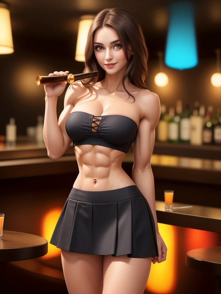 muscular, thick thighs, wide hips, huge perky ass, very pale fair white skin, long flowing hair, big hazel eyes, most beautiful brunette woman on earth, detailed face and eyes, looking at viewer, masterpiece, best quality, shallow depth of field, 8K HDR, huge breasts, 85mm photo, shallow depth of field, tack sharp, solo, 1girl, face extremely close to camera, downblouse, cleavage, from the front, facing camera, centred in frame, plump full lips, exaggerated hourglass physique, zero body fat, muscle definition, striations, broad shoulders, deltoids, tiny waist, long lean torso, shredded eight pack abs, obliques, real hands, extremely seductive cocktail waitress, flirtatious smile, (dark smoky jazz club, bandeau crop top, miniskirt:1.3), from slightly above, SlightMuscle