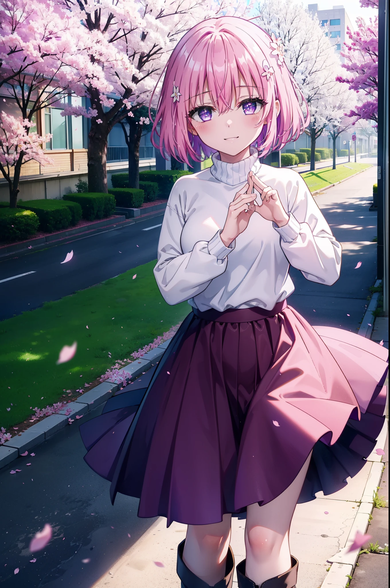 Momodebilke, Deviluke Type, demon tail, Hair Flowers, hair ornaments, (Purple eyes:1.1), Pink Hair, short hair, tail, happy smile, smile, Open your mouth,smile,blush,
break demon tail, Turtleneck sweater,Long skirt,short boots,Cherry blossoms are blooming,Cherry blossoms are scattered,桜並木道
break outdoors, School　School building,
break looking at viewer, (Cowboy Shot:1.5),
break (masterpiece:1.2), highest quality, High resolution, unity 8k wallpaper, (figure:0.8), (beautiful detailed eyes:1.6), extremely detailed face, Perfect lighting, extremely detailed CG, (Perfect hands, Perfect Anatomy),
