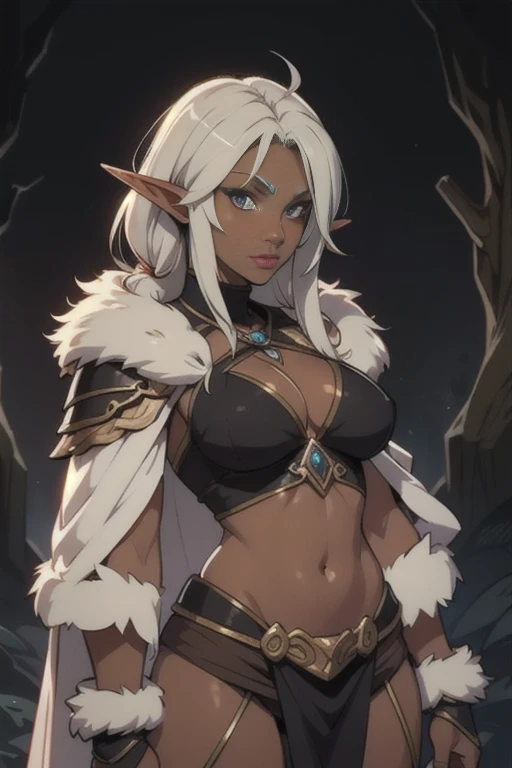 Ancient, Lost dark elf tribe, fur armor, rings, female creature, prehistoric era, dark skin, looking at viewer,