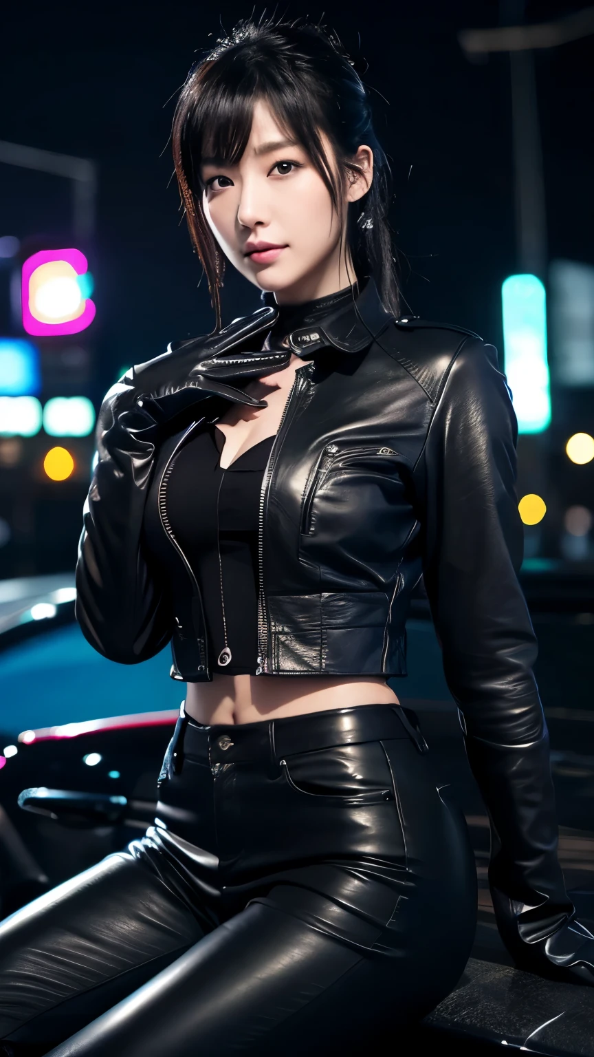 black leather rider jacket, Office in the Dark, Black leather gloved fingertips on both hands,Wearing black leather gloves,Sitting in a black leather chair、 Japanese female new recruits (Black leather gloves cover both hands) (The angle is horizontal)、Black Leather Pants,Black Leather Black Leather Pants,Black Leather Skinny Pants、Long black leather boots on both feet、Black hair ponytail ((He wears black leather gloves on his hands))Full Body Photo,full body shot full body full body leather suit,☺If you turn in this direction。Wearing black leather gloves,Wearing black leather gloves,Wearing black leather gloves,Wearing black leather gloves,Wearing black leather gloves,Wearing black leather gloves,黒のレザーパンツが美しい😍黒のレザーパンツが美しい😍黒のレザーパンツが美しい,😍Smiling while looking at me,City lights、((Neon Cyberpunk City Street:1.3))、(Neon Light)、Detailed lighting、

Best image quality、Ultra-high resolution、(realism:1.4)、Korean Beauty Star、The most beautiful KPOP stars、face、Horny Korean Makeup、A body that makes you want to touch it、Realistic leather texture、Costume made of smooth leather fabric、The drape of the curved parts of the leather fabric、The costume has a strong shine、costume quality、8K Photo Quality