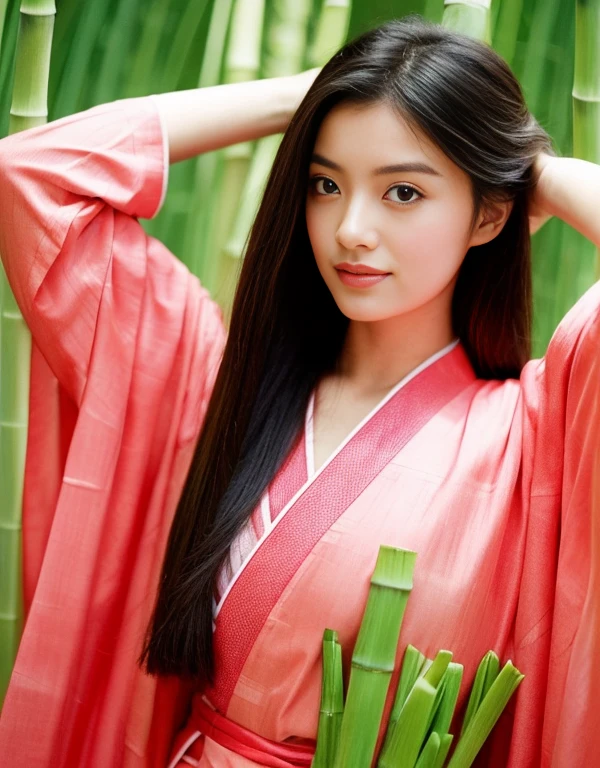 Holding a bamboo shackle Long Hair Wearing a pink kimono Eye color: Red