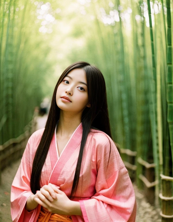 Holding a bamboo shackle　Long Hair　Wearing a pink kimono　Eye color: Red