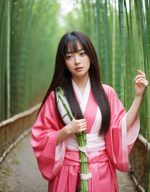 Holding a bamboo shackle　Long Hair　Wearing a pink kimono　Eye color: Red
