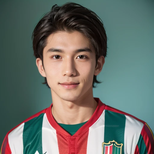 85mm DSLR colour photography of a very detailed headshot fitting all head and hair in frame, centered. male, Japanese and Italian soccer player, with very long light brown hair parted in the center, with a smug smile, wearing a teal shirt with white stripes and gold strokes. Solid white background.