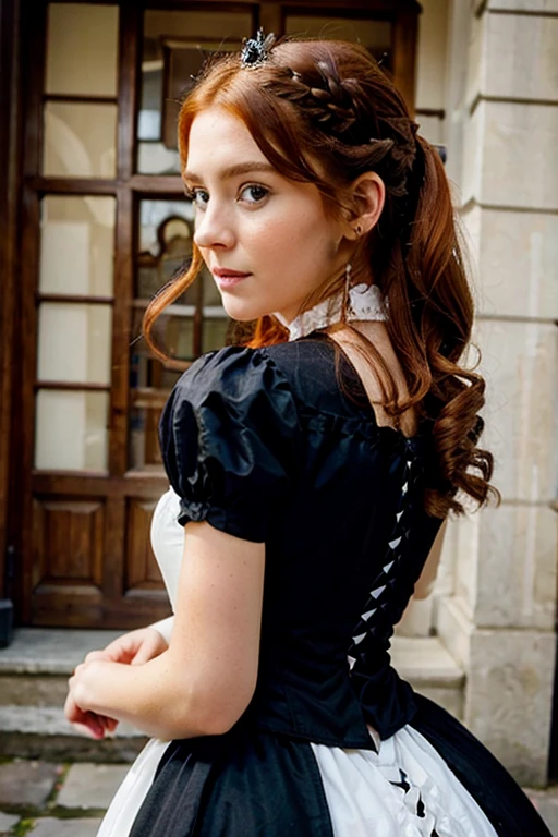 beautiful woman, white and redhead, 3/4 in on your back with a princess hair, wearing a victorian period black dress