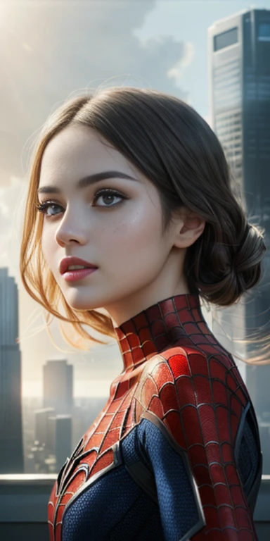 (1 girl:1.3), One, (((Very detailed face)))), ((Very detailed eyes and face)))), beautiful detailed eyes, Body parts__, official art, Unified Wallpaper 8K, Super detailed, Beautiful and Beautiful, Beautiful, masterpiece, Best quality, original, masterpiece, super good photo, Best quality, super high resolution, realistic realism, Sun Ray, full length portrait, amazing beauty, dynamic pose, gentle face, bright eyes, (front), She wears a Spiderman costume., red and black color scheme, spider, highly detailed city roof background, roof, with city view, detailed face, Detailed Complex Busy Background, sloppy, fabulous, milky white, very detailed skin, Realistic skin details, visible pores, clear focus, volumetric fog, 8K UHD, SLR camera, high quality, granularity, Bright skin, photorealism, lomography, a futuristic dystopia metropolis, translucent
