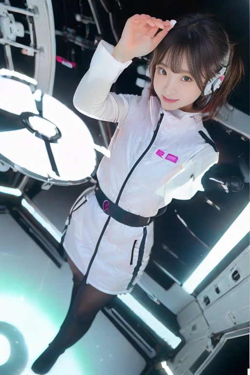 ((NSFW: 1.4)), (acrobatic pose):10,((Detailed face, Professional photography)), ((NSFW, zettai ryouiki, 1 girl)), Ultra-high resolution, (Realistic: 1.4), RAW Photos, highest quality, (PhotoRealistic Stick), concentrated, Soft Light, ((30 years old)), ((Japanese)), (( (Young Face))), (surface), (Depth of written boundary), masterpiece, (Realistic),(inside ISS):3, woman, ,astrovest:2,headphone:2,smartwatch,,bangs, ((1 girl)),(black sleeves):2,(black tights):2,inside spacestation,inside spacecraft,,zero gravity,smile,open leg,blush:1.5,hidden hands,neotech