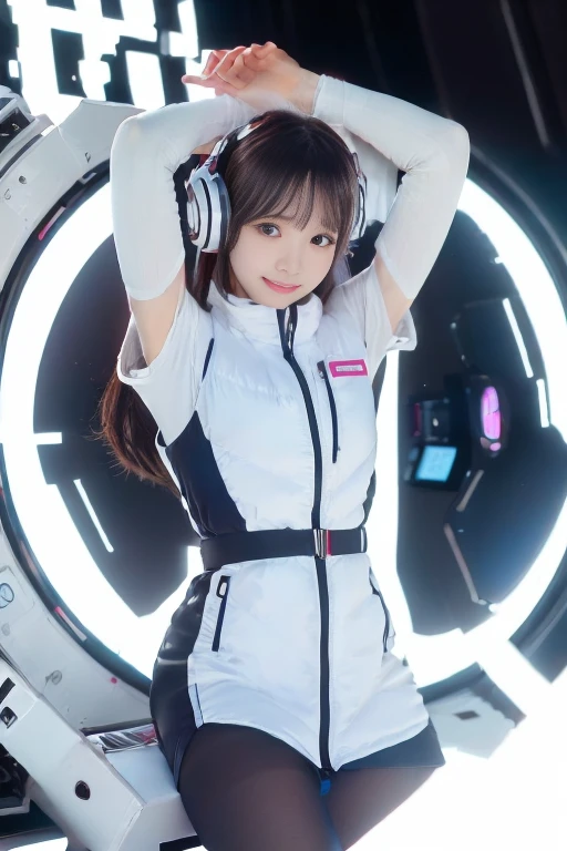 ((NSFW: 1.4)), (acrobatic pose):10,((Detailed face, Professional photography)), ((NSFW, zettai ryouiki, 1 girl)), Ultra-high resolution, (Realistic: 1.4), RAW Photos, highest quality, (PhotoRealistic Stick), concentrated, Soft Light, ((30 years old)), ((Japanese)), (( (Young Face))), (surface), (Depth of written boundary), masterpiece, (Realistic),(inside ISS):3, woman, ,astrovest:2,headphone:2,smartwatch,,bangs, ((1 girl)),(black sleeves):2,(black tights):2,inside spacestation,inside spacecraft,,zero gravity,smile,open leg,blush:1.5,hidden hands,neotech