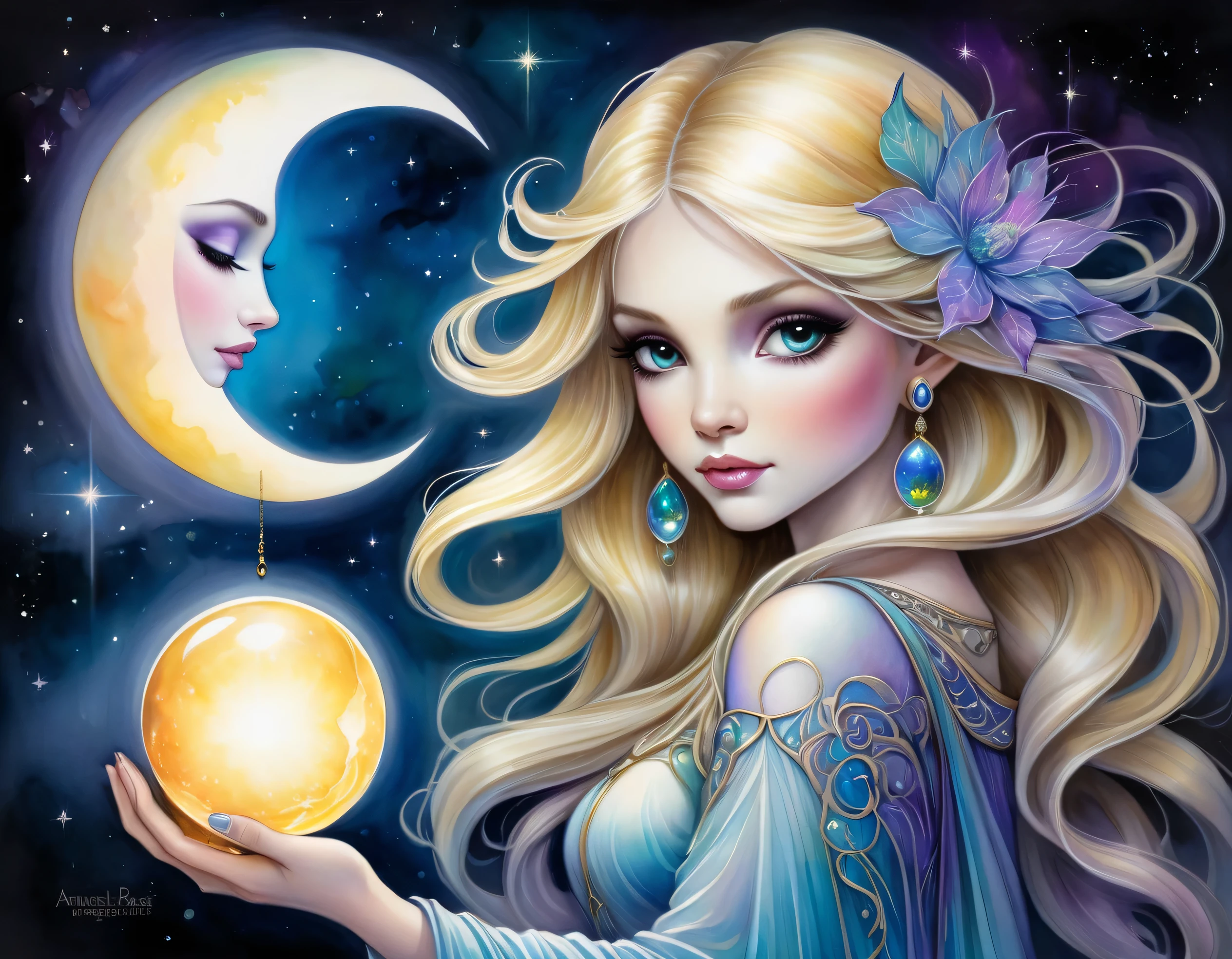 An awe-inspiring watercolor and ink masterpiece inspiring by Jasmine Becket-Griffith featuring an enchanting, ethereal, charming blond woman emanating celestial energy and holding a glowing orb like a moon in her hands. Extraordinarily well detailed, expressive, serene and caring face full of compassion. The artwork is alive with pastel hues, rainbow colors, and stary night making a double exposure effect, creating a mesmerizing interplay of light and shadow. Drawing inspiration from the styles of Anne Stokes and Artgerm, this piece showcases delicate brushstrokes, vivid light effects, and an intricate interplay of dark fantasy elements. The HDR 8K, SSAO, and high-definition rendering enhance the vibrant colors and intricate details, making this illustration truly out of this world, fashionable and immersive. Golden ratio in the proportions.