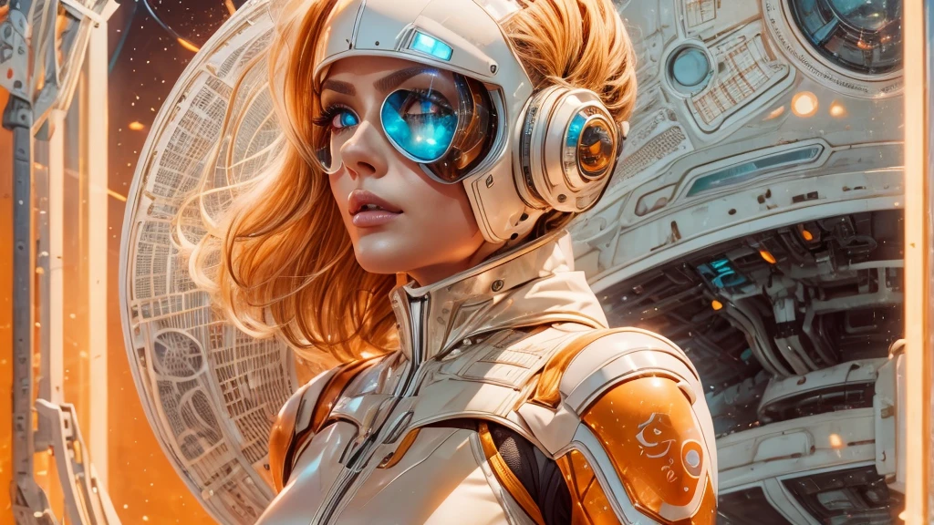 arafed image of a white woman in a futuristic suit with a spaceship in the background, movie art, in front of an orange background, inspired by Robert McGinnis, female protagonist, megastructure in the background, portrait of an ai astronaut, astronauts, an astronaut, portrait of a astronaut skeletor, perfect android girl, detailed eyes, perfectly detailed teeth, frank franzzeta and sakimichan