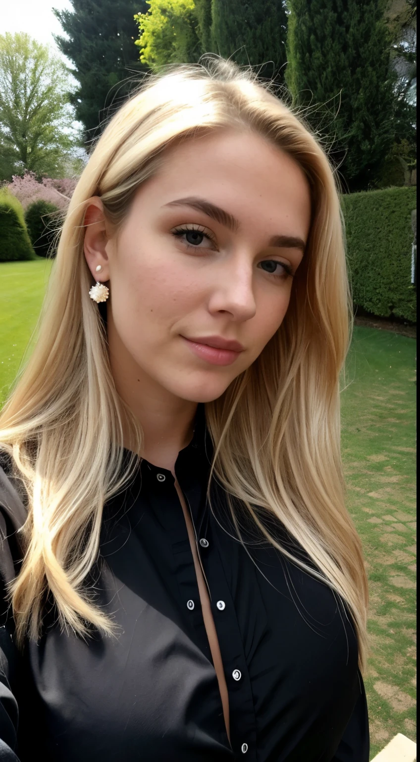 Une femme blonde de 23 ans, ((big tits pierced)), ((hyperréalisme)) ,. blonde hair with light brown roots. cheveux blond, Cheveux aux racines brunes, very long hair, very long hair, very long hair, beau, vue de face, Selfie, photo prise avec iPhone, elegant black shirt with escote, Coupe-bas, Selfie in the garden, high quality, Selfie iPhone, clivage