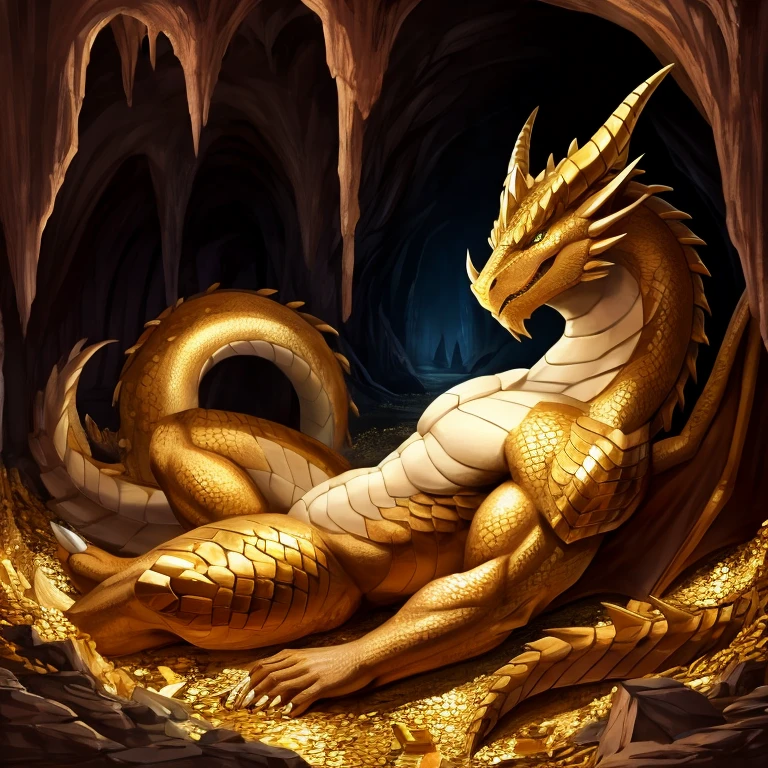 Female, dragon, gold jewelry, lounging on top of dragon hoard, in cave