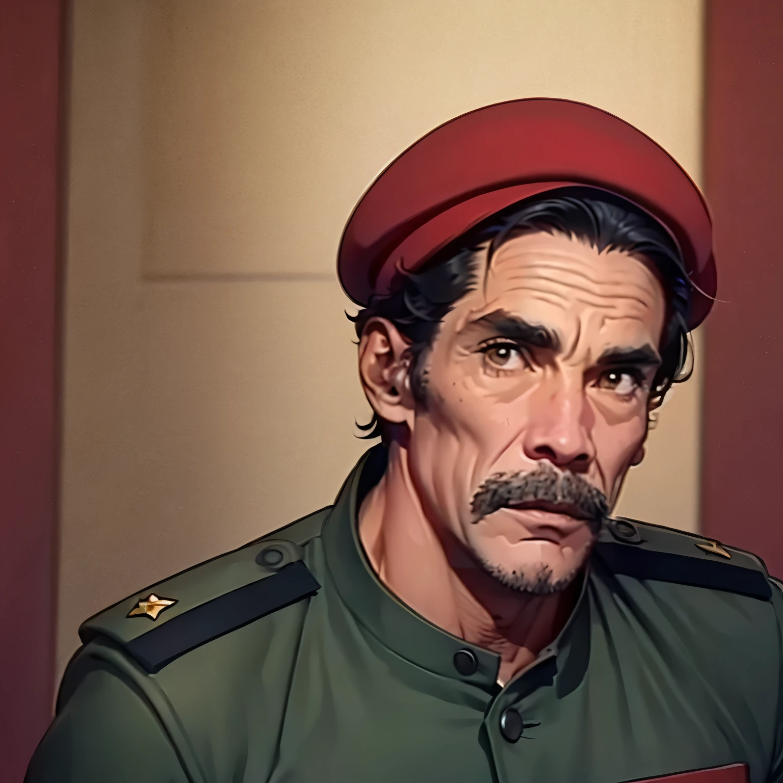 a man wearing militar outfit with red beret, seu madruga, 8k