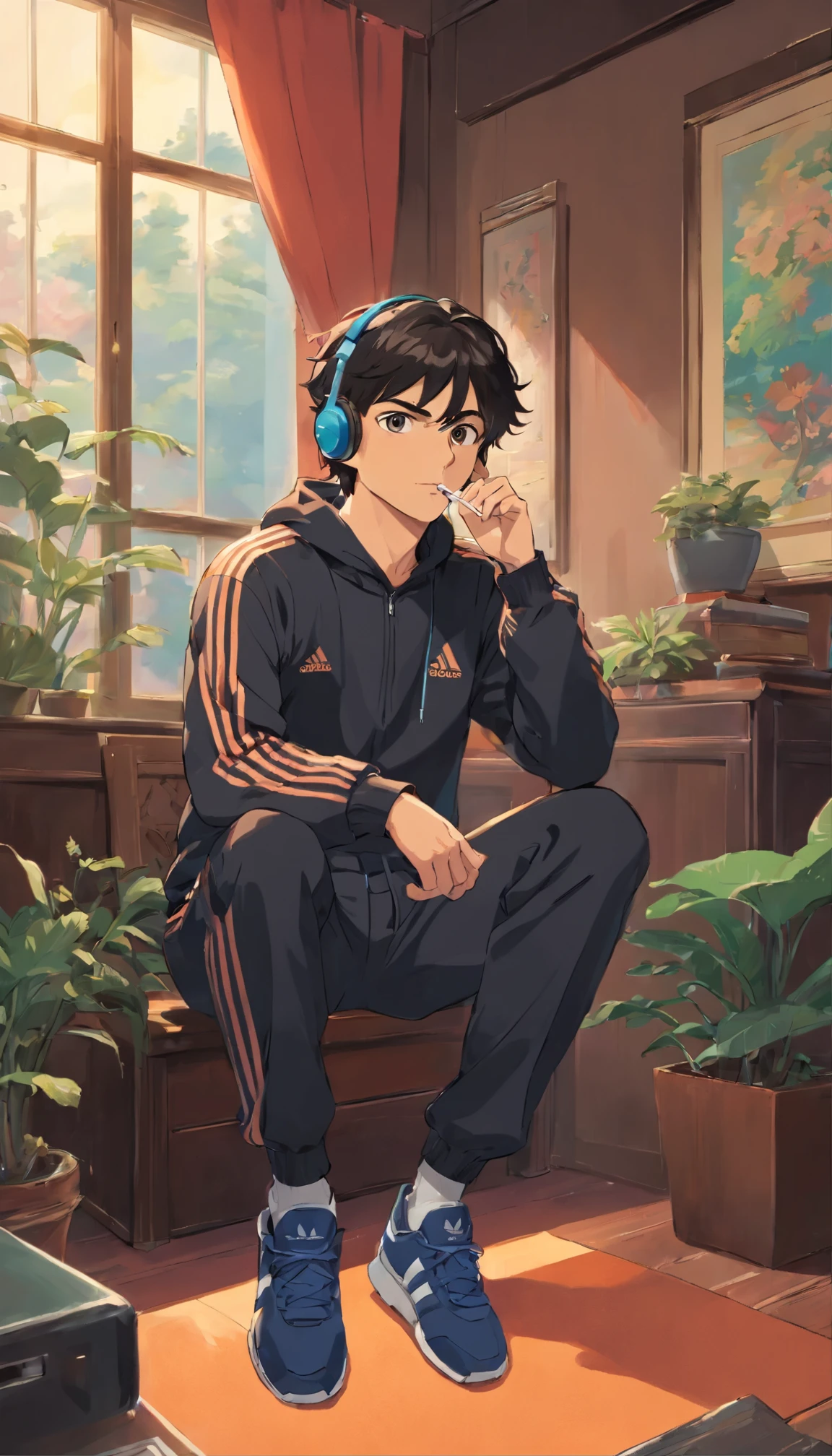 anime guy in tracksuit adidas black and tie smoking a cigarette in a room, wearing a headset vintage, mullet hair,