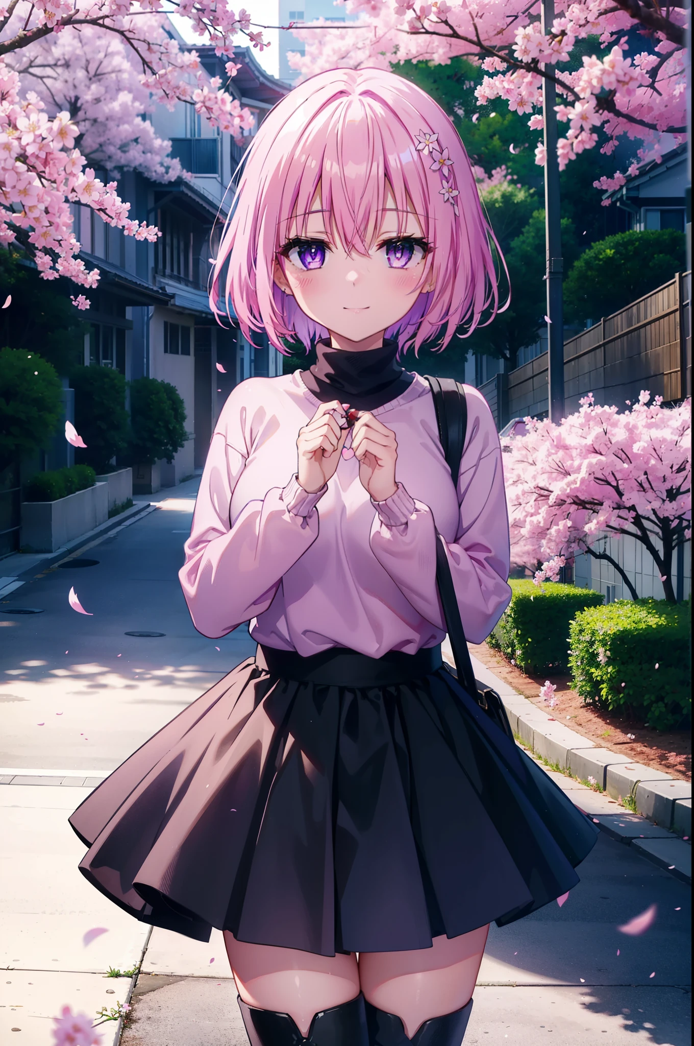 Momodebilke, Deviluke Type, demon tail, Hair Flowers, hair ornaments, (Purple eyes:1.1), Pink Hair, short hair, tail, happy smile, smile, Open your mouth,smile,blush,
break demon tail, Turtleneck sweater,Long skirt,short boots,Cherry blossoms are blooming,Cherry blossoms are scattered,桜並木道
break outdoors, School School building,
break looking at viewer, (Cowboy Shot:1.5),
break (masterpiece:1.2), highest quality, High resolution, unity 8k wallpaper, (figure:0.8), (beautiful detailed eyes:1.6), extremely detailed face, Perfect lighting, extremely detailed CG, (Perfect hands, Perfect Anatomy),