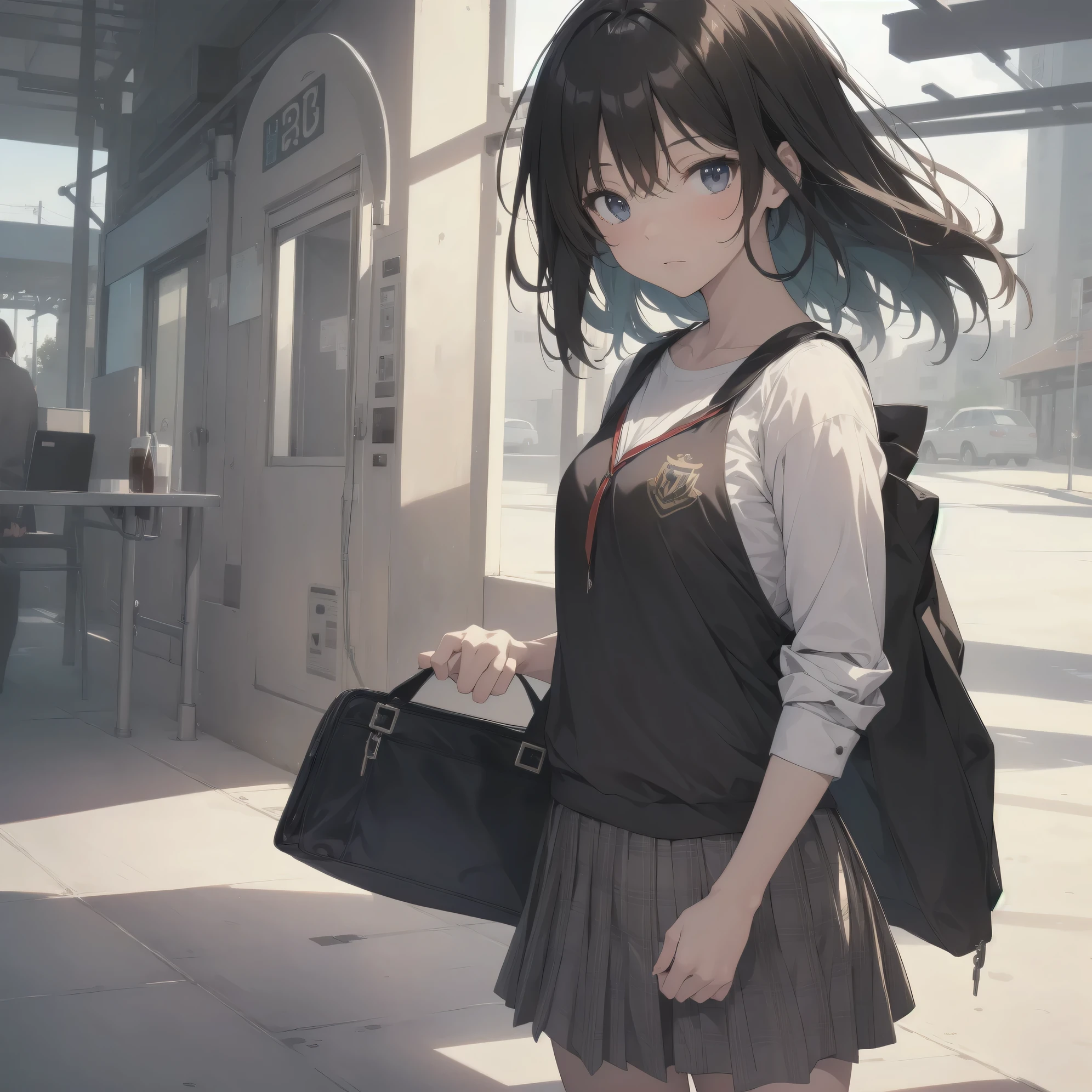 ultra-absurdres-Top quality by artist God, ultra-detailed, high resolution, anime moe artstyle, best anime 8k konachan wallpaper, pixiv contest winner,pool:2810, perfect anatomy,break, 1girl, (Please draw a girl walking sleepily to school alone. )break,(Solo,little female, 13-year-old:1.3),Full limbs, complete fingers,a junior high school student,  (very short hair), short cut, flat chest, , small butt, small black eyes, beautiful detailed eyes, well-proportioned iris and pupils, expressive eyes, highres detailed hair, soft expression, school_uniform, official_alternate_costume, pleated skirt,(Detailed Lighting), (Detailed background), in the School commute route. break,super detailed skin, Best cinematic lighting powered by famous artist, 8k,beauty illustration,photoshop_(medium),very aesthetic,break,((artist:ojipon )), artist:akinashi yuu ,artist:oyari ashito ,artist:kantoku ,
