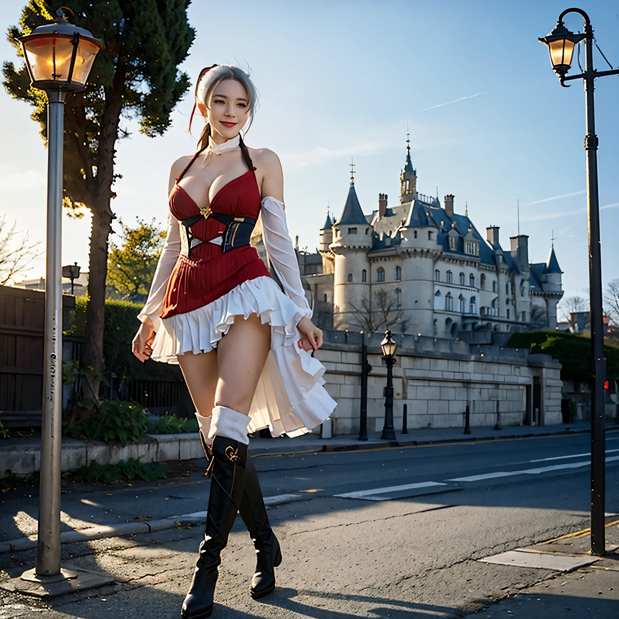 a woman wearing a red dress with white details, black boots, long white hair, ponytail hair, yellow eyes, smiling, big breasts, walking on a sidewalk, with a lamp post, with a castle in the background,HDR, ultra resolution, well defined, masterpiece, 8K HD (woman solo )
