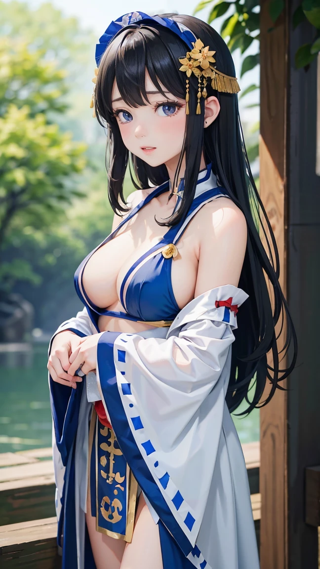 普通ofチェスト、masterpiece、8K wallpapers incorporating highly detailed CG、2人of女of子、、Baby Face、beenuine、Blurred、Blurred_background、Blurred_prospect、branch、梅offlower、depth_of_Field、flower、gem、nose、Realistic、Black hair close to blue、alone、shrine maiden costume、Hide your fingers、Hide your arms、just wear a bra、whole body、Long Hair、Straight bangs、