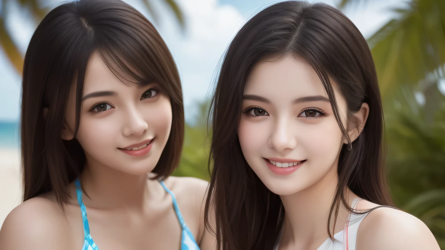 (2girl), (ultimate beautiful girl), (cute face), (smiling), cleavage, bob hair, (Best Quality:1.4), (Ultra-detailed), (extremely detailed beautiful face:1.2), (highly detailed Beautiful face), (extremely detailed CG unified 8k wallpaper), High-definition raw color photos, Professional Photography, Extremely high resolution, fashionable, Highly detailed, bikini, beach, palm trees,