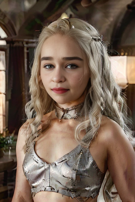 Masterpiece, best quality, detailed face, Emilia Clarke, platinum hair, sexy dress, midriff, in a room, looking at viewer, sexy smirk face