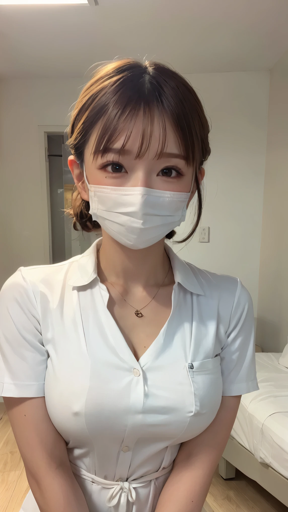 1 girl,(Wearing white nurse clothes:1.2),(RAW Photos, highest quality), (Realistic, photo-Realistic:1.4), masterpiece, Very delicate and beautiful, Very detailed, 2k wallpaper, wonderful, finely, Very detailed CG unity 8k wallpaper, Very detailed, High resolution, Soft Light, Beautiful detailed girl, Very detailed eyes and face, Beautiful and detailed nose, finely beautiful eyes, nurse, Perfect Anatomy, Black Hair, Upstyle, nurse uniform, ((mask)), Long skirt, nurse, White costume, thin, hospital, clear, White Uniform, hospital room, Neck auscultation,Bobcut