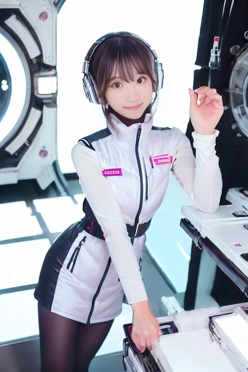 ((NSFW: 1.4)), (acrobatic pose):10,((Detailed face, Professional photography)), ((NSFW, zettai ryouiki, 1 girl)), Ultra-high resolution, (Realistic: 1.4), RAW Photos, highest quality, (PhotoRealistic Stick), concentrated, Soft Light, ((30 years old)), ((Japanese)), (( (Young Face))), (surface), (Depth of written boundary), masterpiece, (Realistic),(inside ISS):3, woman, ,astrovest:2,headphone:2,smartwatch,,bangs, ((1 girl)),(black sleeves):2,(black tights):2,inside spacestation,inside spacecraft,,zero gravity,smile,open leg,blush:1.5,hidden hands,neotech