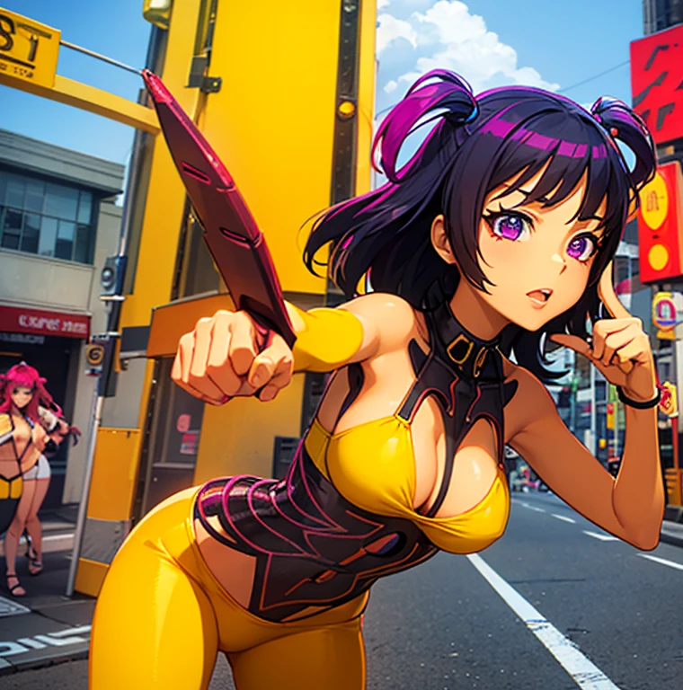 drawing of a woman in a yellow bikini next to a traffic light, some red and purple and yellow, some red and yellow, inspired by Tadanori Yokoo, digital art. colorful comic, [ digital art ]!!, [ conceptual art ]!!, colored sketch anime manga panel, biomechanical oppai, comic digital art, digital art!!, lowres